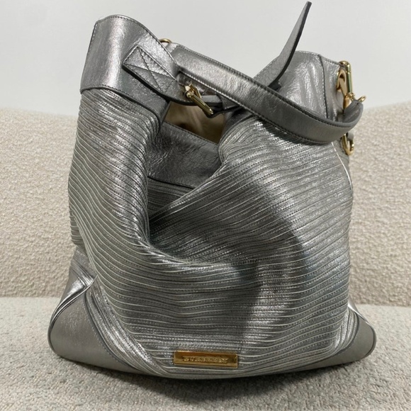 Authentic Pre-Owned Burberry Silver Leather Extra Large Ribbed Motorcycle Bag - Picture 1 of 16